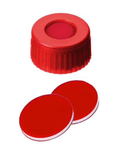 Picture of PP Short Thread Cap red, 6 mm centre hole, PTFE/Silicone/PTFE slit septum